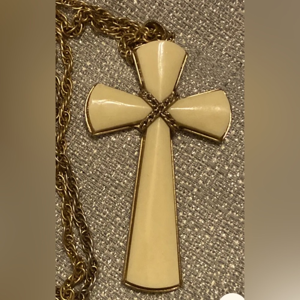 Vintage AVON Cross Pendant, Ivory White Lucite, Gold Tone Metal Accents & Chain